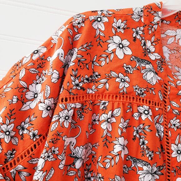 Charter Club Luxury Top XL Linen Blend Orange Tie Front Floral Monkies Cheetah - Picture 2 of 11